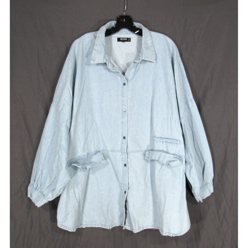 MISSGUIDED PLUS Blue Chambray FAUX POCKETS Button-Up OVERSIZED Denim SHIRT Sz 14